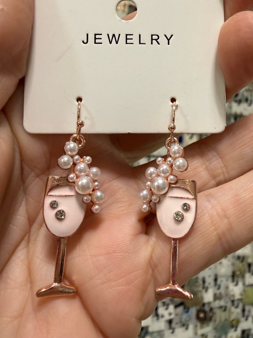 Rose Gold Pink Pearl Cocktail Glass Drop Earrings